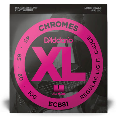 D'Addario ECB81 Long Scale, XL Chrome Bass Strings - Regular Light (45-100) guitar strings photographed at Interstellar Guitars in San Antonio, TX