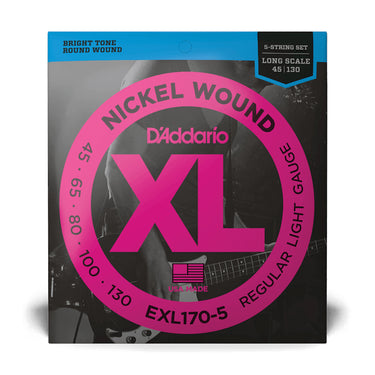 D'Addario EXL170-5 Long Scale, XL Nickel 5-String Bass Strings - Regular Light (45-130) guitar strings photographed at Interstellar Guitars in San Antonio, TX