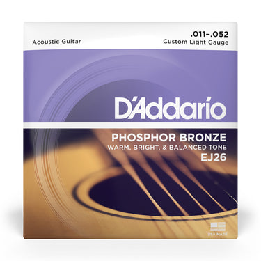 D'Addario EJ26 Phosphor Bronze Acoustic Guitar Strings - .011-.052 Custom Light guitar strings photographed at Interstellar Guitars in San Antonio, TX