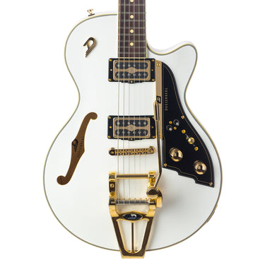 Duesenberg Starplayer TV Split King electric guitar in White Velvet matte finish with gold hardware, semi-hollow body, and SplitKing pickups at Interstellar Guitars
