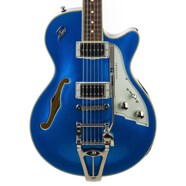 Duesenberg Starplayer TV electric guitar in Balboa Pearl Blue Pur-Lacquer finish with matching headstock, Sparkle Silver pickguard, nickel hardware, Domino P90 neck pickup, and GrandVintage bridge humbucker at Interstellar Guitars